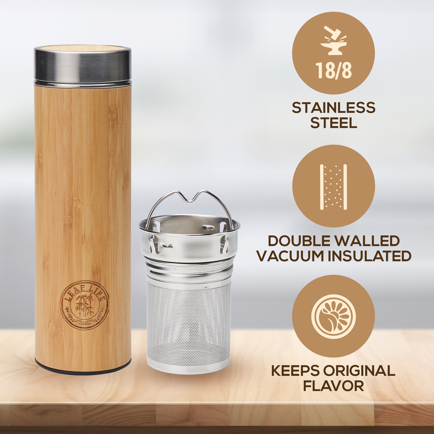 Bambooroos - Bamboo Tumbler with Loose Leaf Tea Infuser - Perfect Travel Mug with Lid - 17oz Double-Wall Insulated Steel Water Bottle - Comes with M